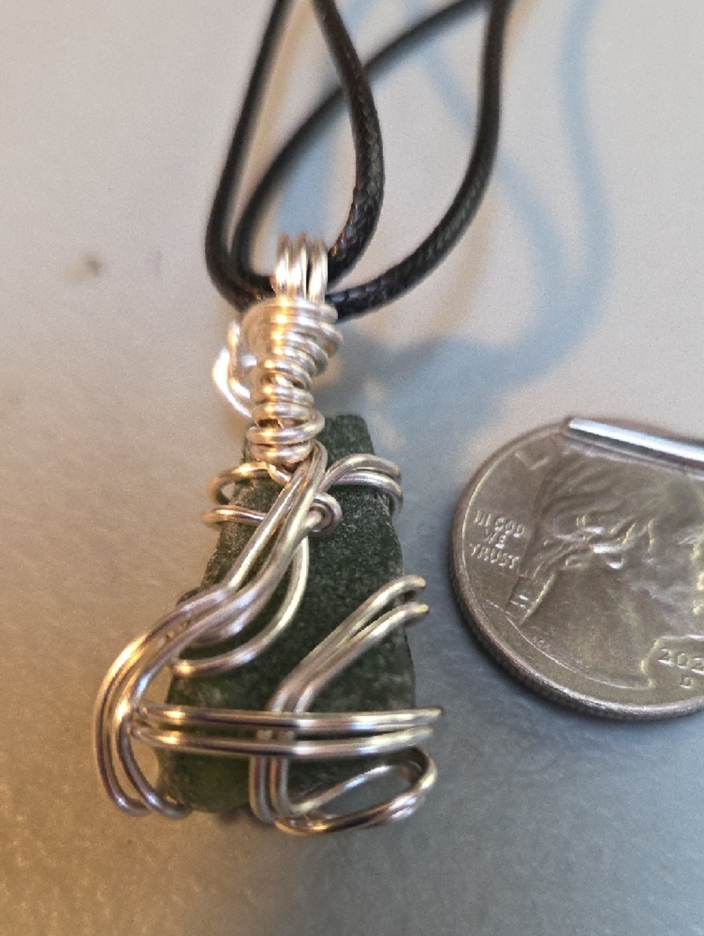 Green Sea Glass Pendant /W Silver Wire Wrap - Picture 2 of 6